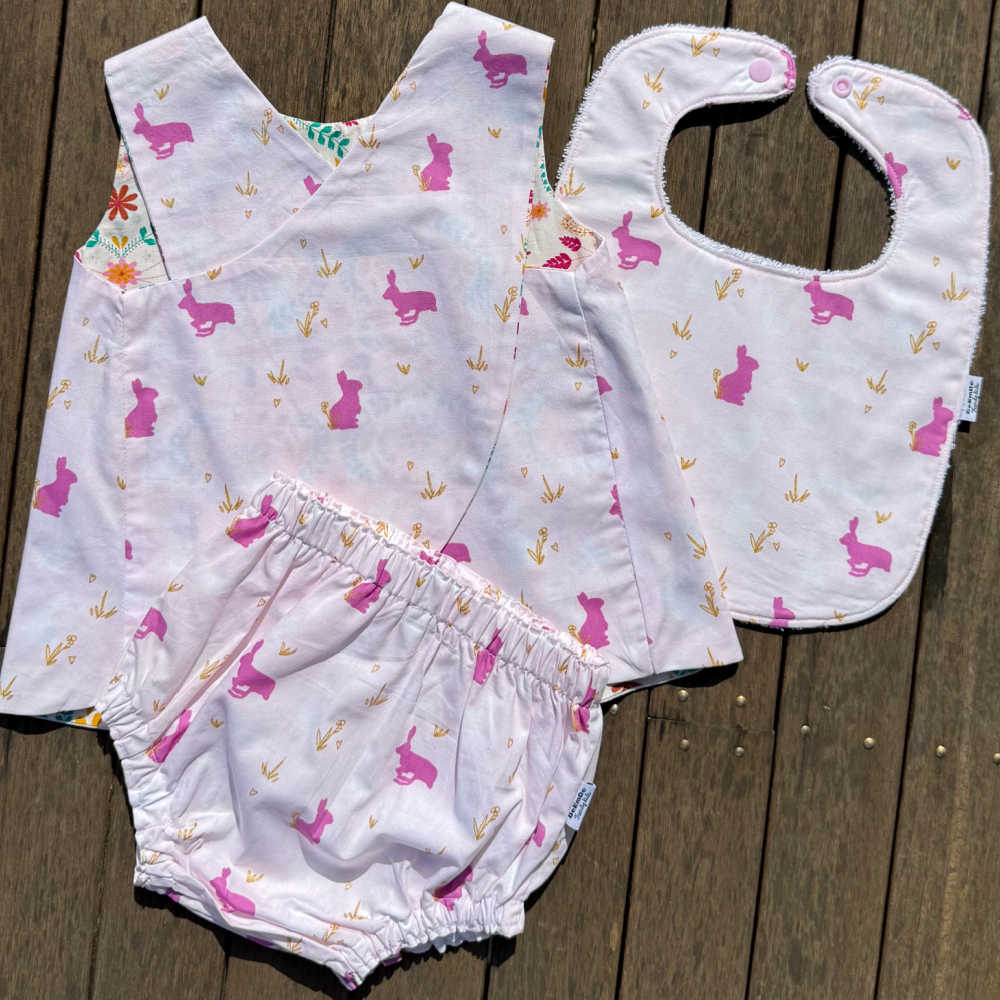 Handmade Reversible Baby Girl Set – Top, Bloomers & Bib – Size 1 Bunny Floral