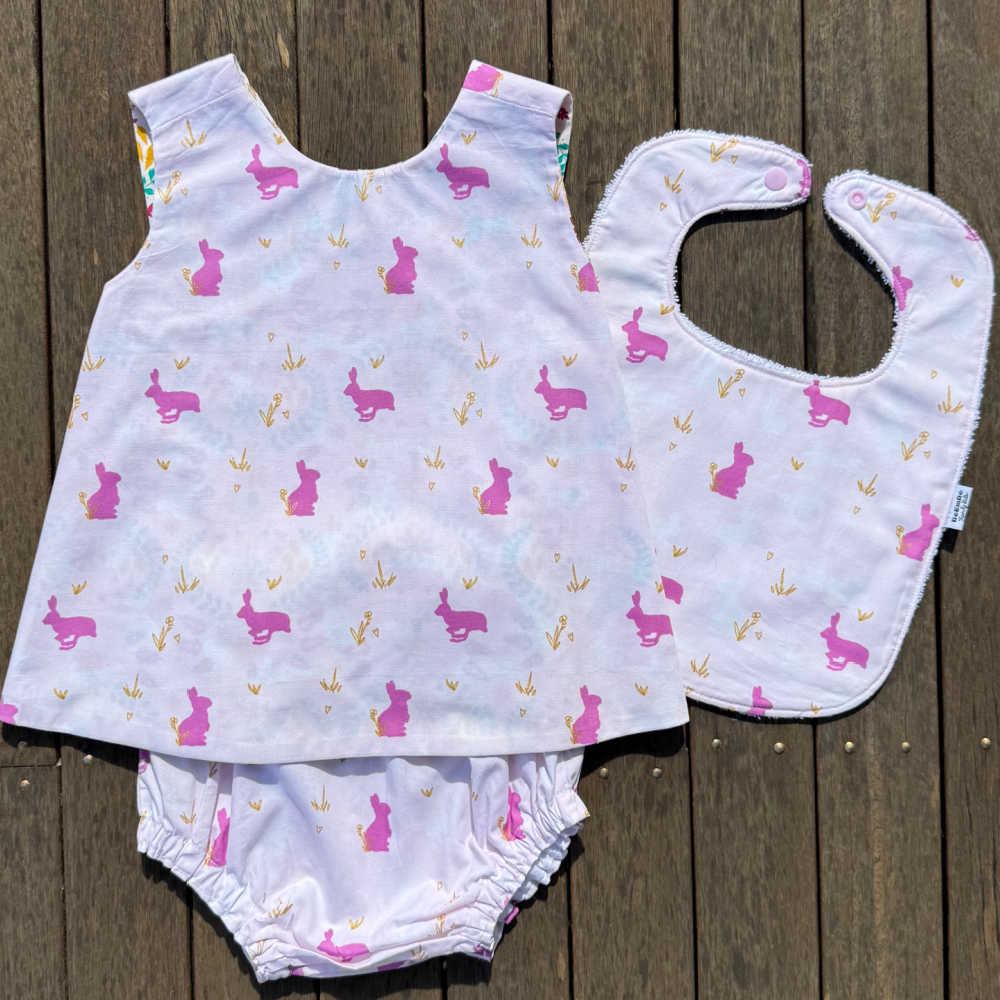 Handmade Reversible Baby Girl Set | Top, Bloomers, Bib | Size 1