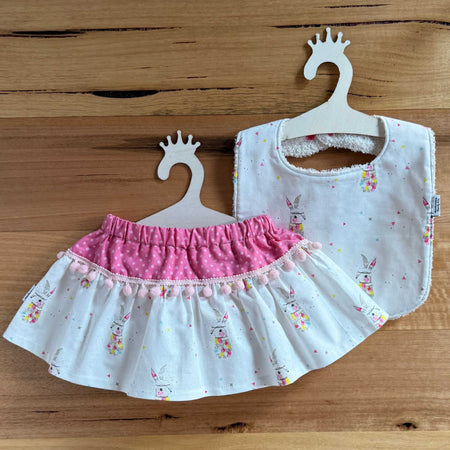 Handmade Baby Outfit Skirt Bloomers Bib – Size 6mths - Rabbit print