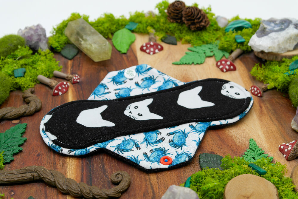 dig the flow reusables reusable cloth pad australian handmade black and white cotton lycra cats blue crabs cotton unique one-of-a-kind versodile moonrise menstrual health business