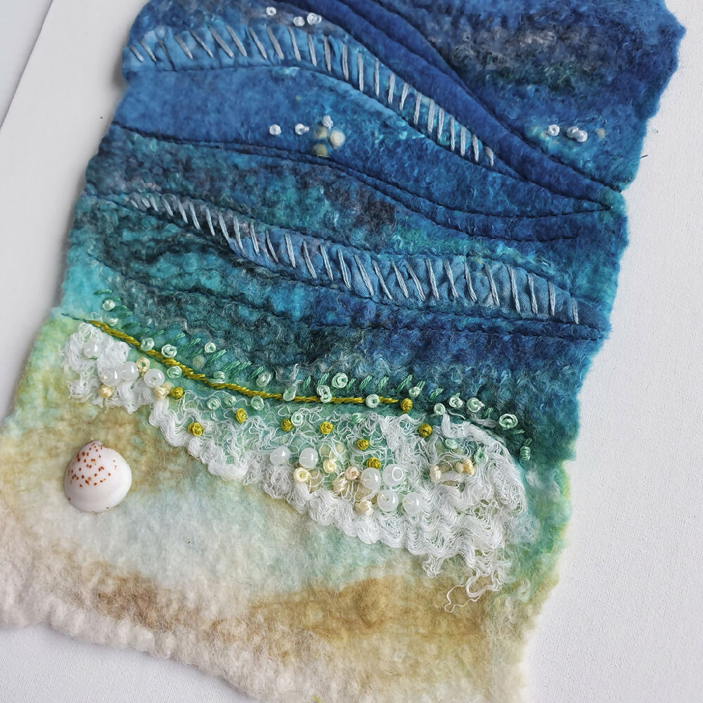 Blue Seascape painting - textile art - Small wall art - Julie Ann Smith - Australia