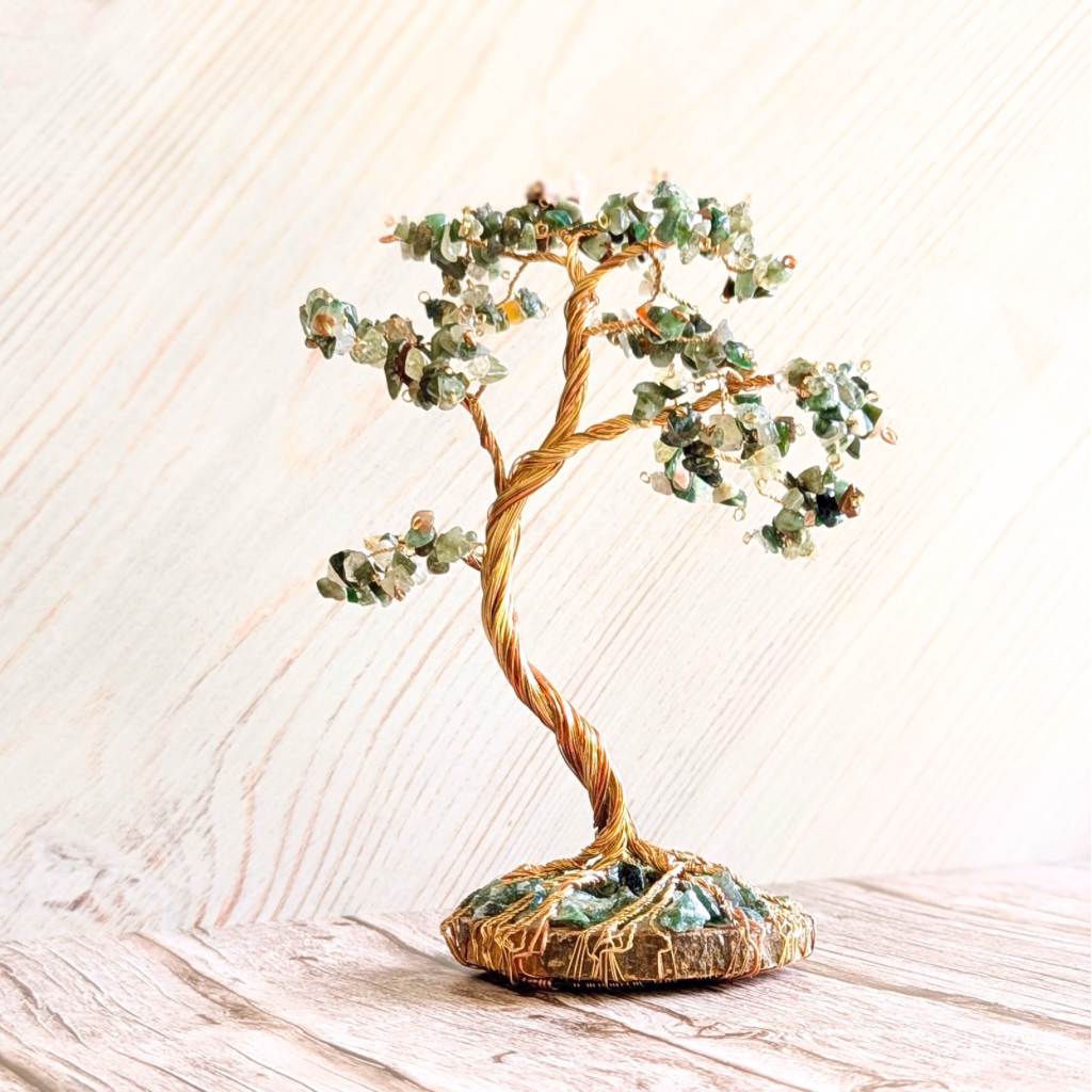 Indian agate crystal tree sculpture | Moss agate base | Handmade copper wire tree