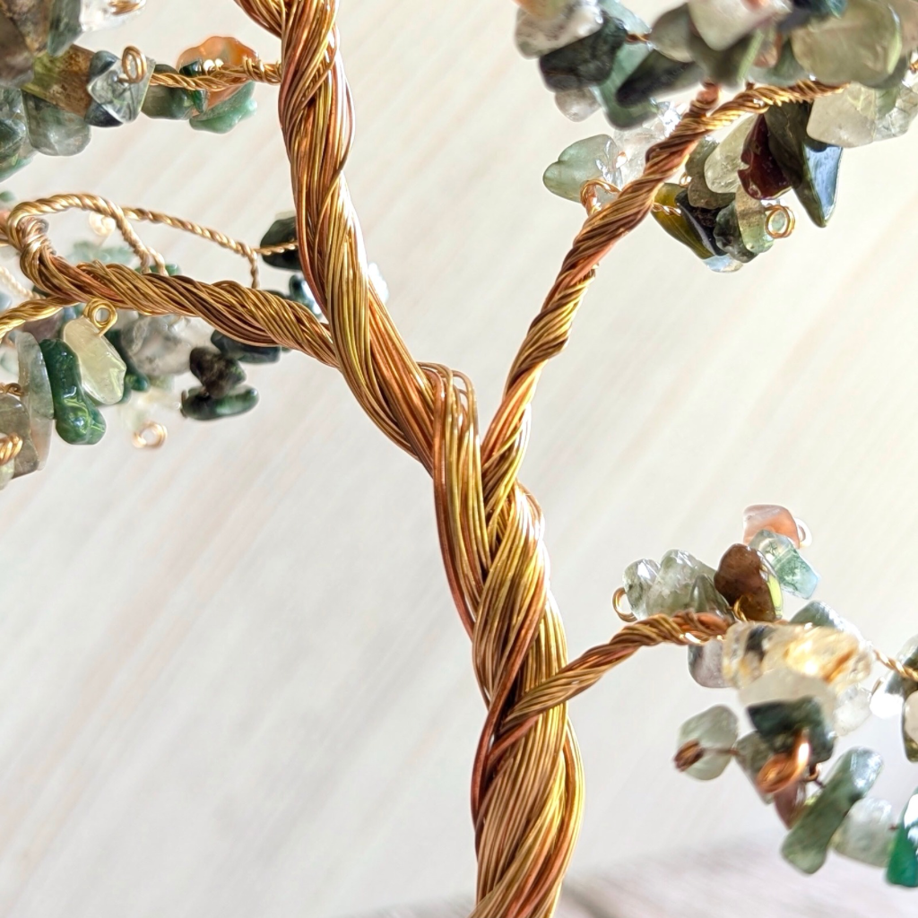 Indian agate crystal tree sculpture | Moss agate base | Handmade copper wire tree
