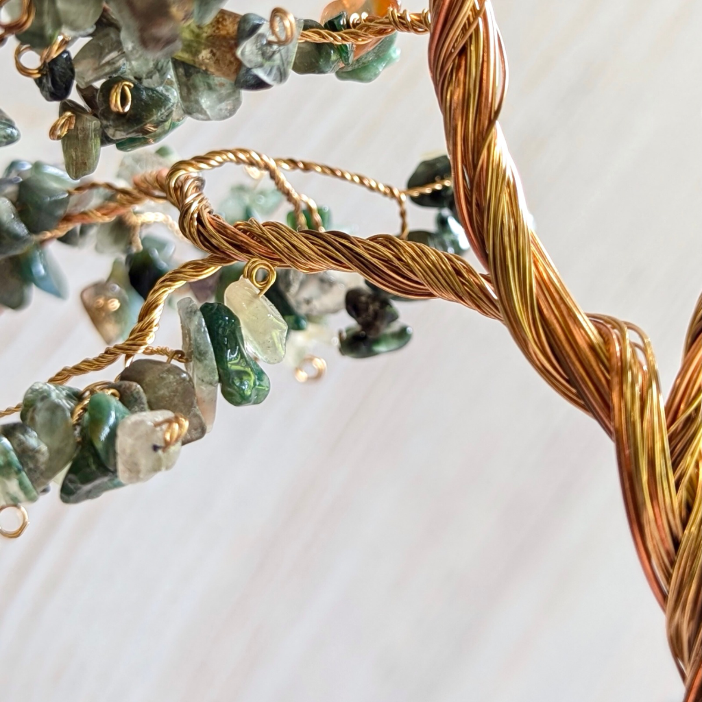 Indian agate crystal tree sculpture | Moss agate base | Handmade copper wire tree