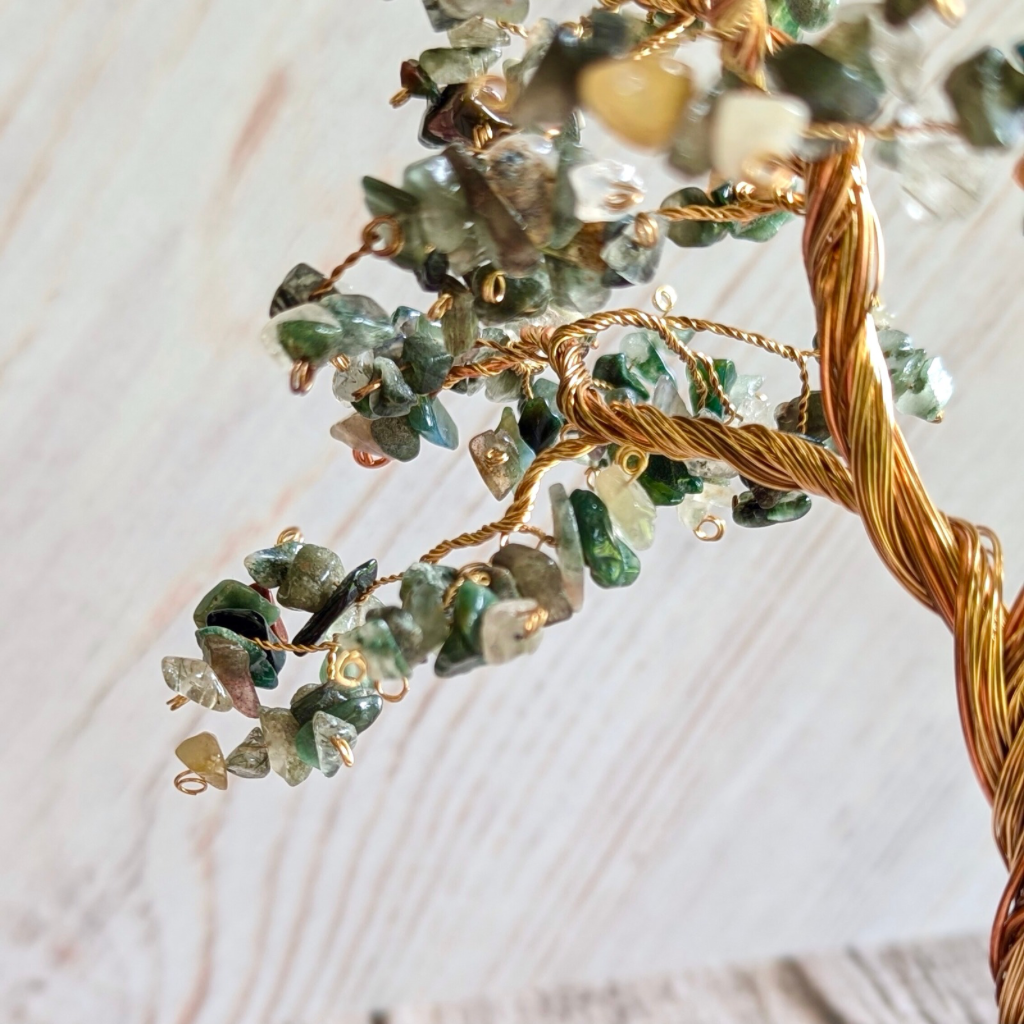 Indian agate crystal tree sculpture | Moss agate base | Handmade copper wire tree