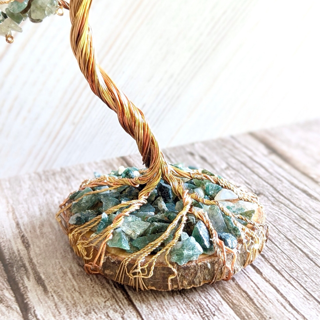 Indian agate crystal tree sculpture | Moss agate base | Handmade copper wire tree