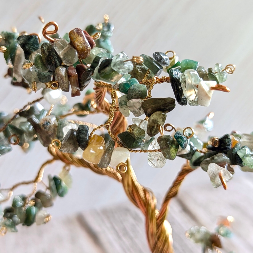 Indian agate crystal tree sculpture | Moss agate base | Handmade copper wire tree
