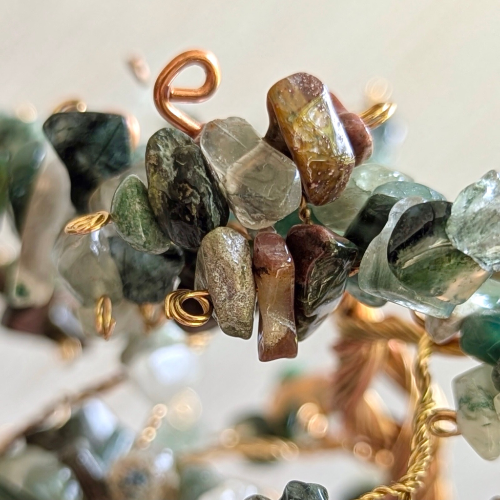 Indian agate crystal tree sculpture | Moss agate base | Handmade copper wire tree