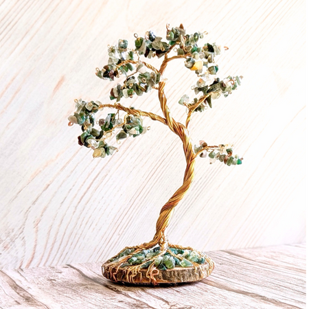 Indian agate crystal tree sculpture | Moss agate base | Handmade copper wire tree