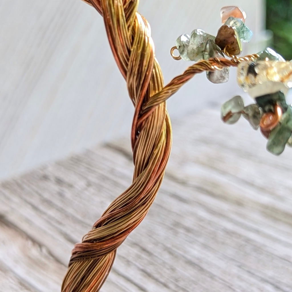 Indian agate crystal tree sculpture | Moss agate base | Handmade copper wire tree
