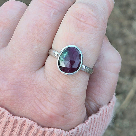 Ruby in Zoisite Hammered Silver Ring size S