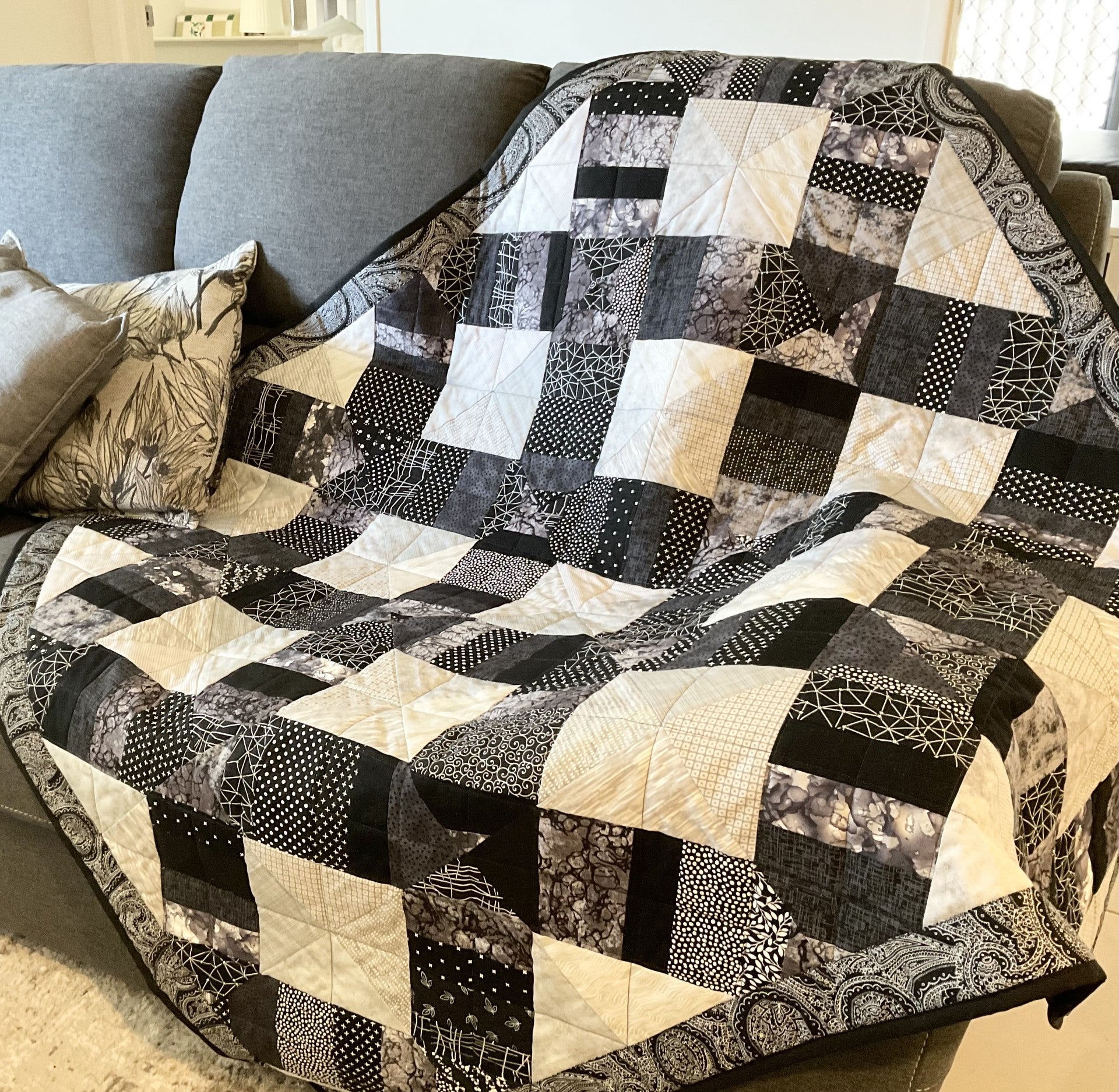Patchwork throw, lap quilt, blanket black and grey