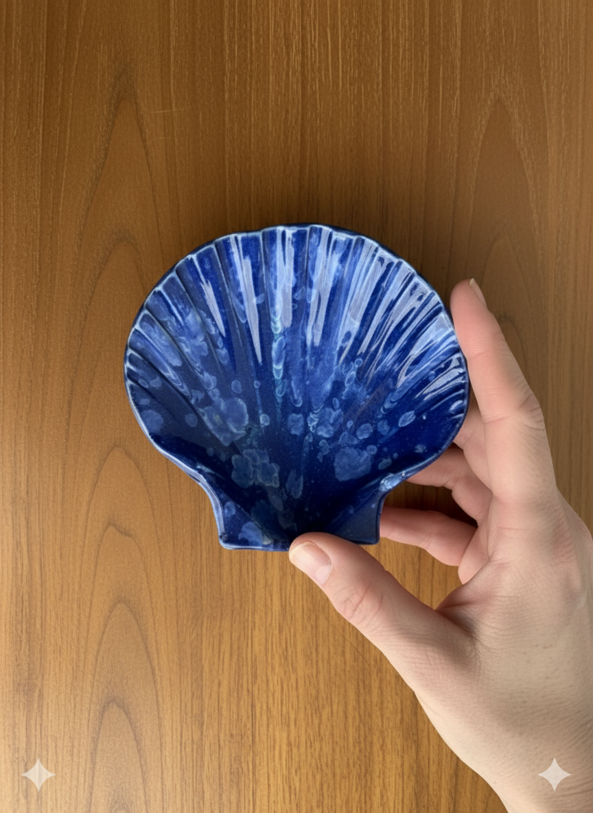 Handmade, ceramic, blue shell dish