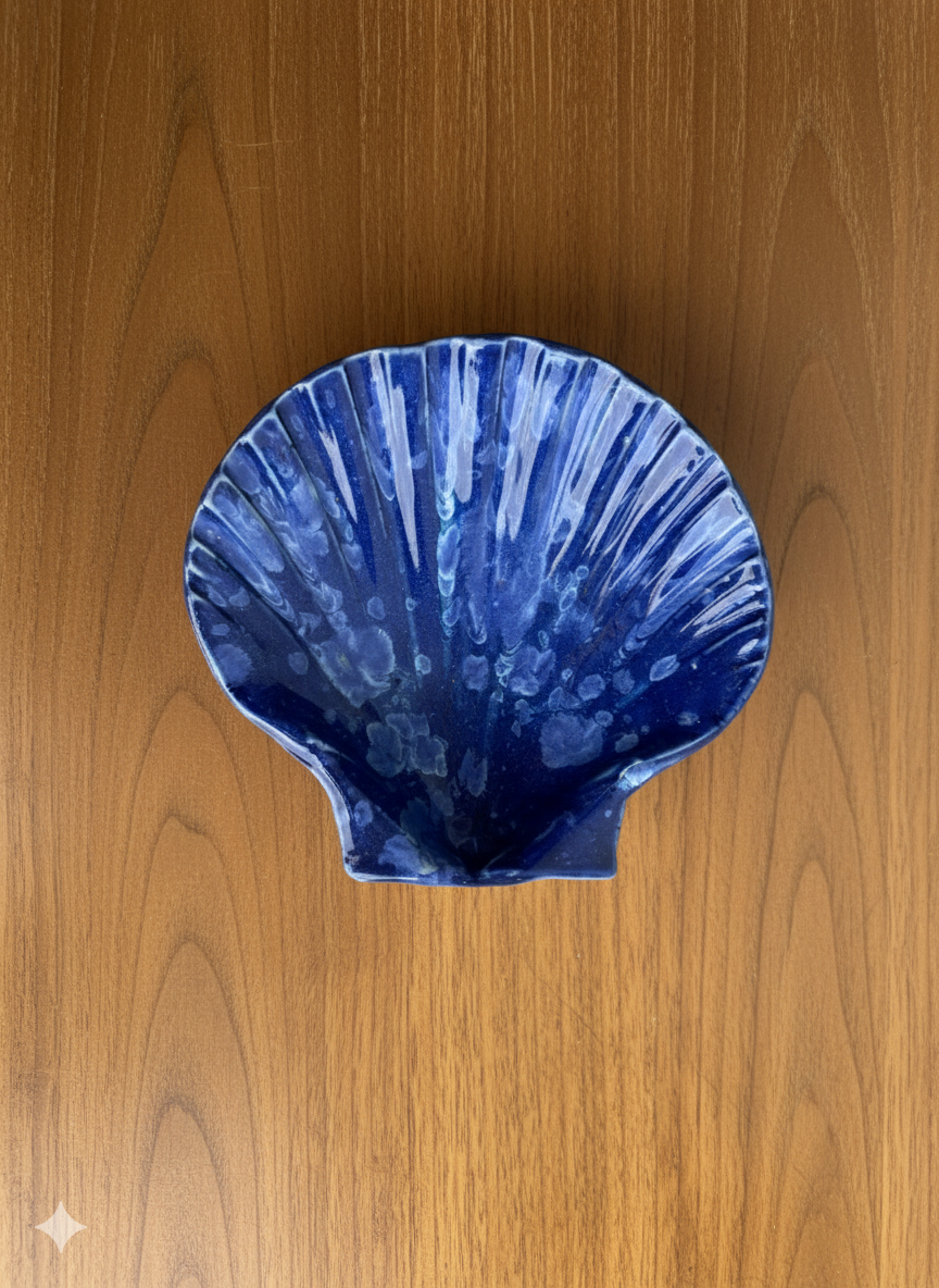 Handmade, ceramic, blue shell dish