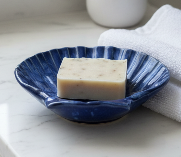 Handmade, ceramic, blue shell dish