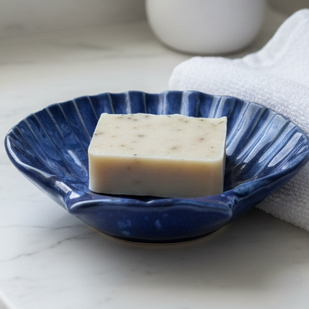 Handmade, ceramic, blue shell dish