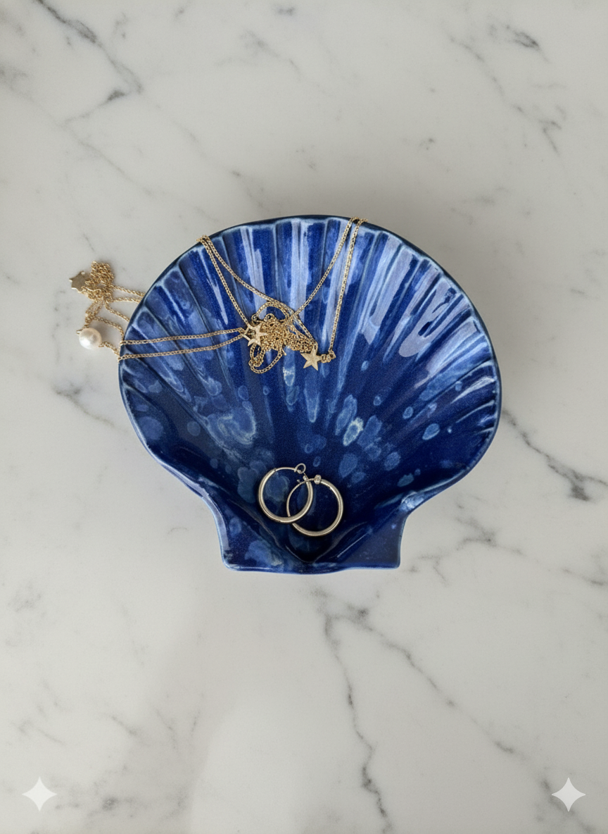 Handmade, ceramic, blue shell dish