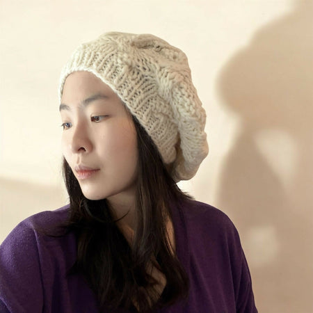 Cable Hand Knit Slouchy Beanie in light beige