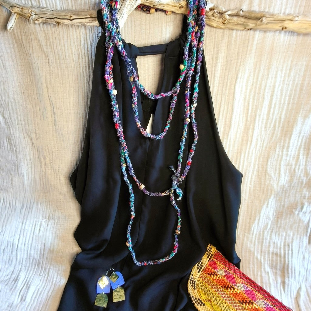 Extra Long Boho Necklace - upcycled fabric & beads - dark multi-colour