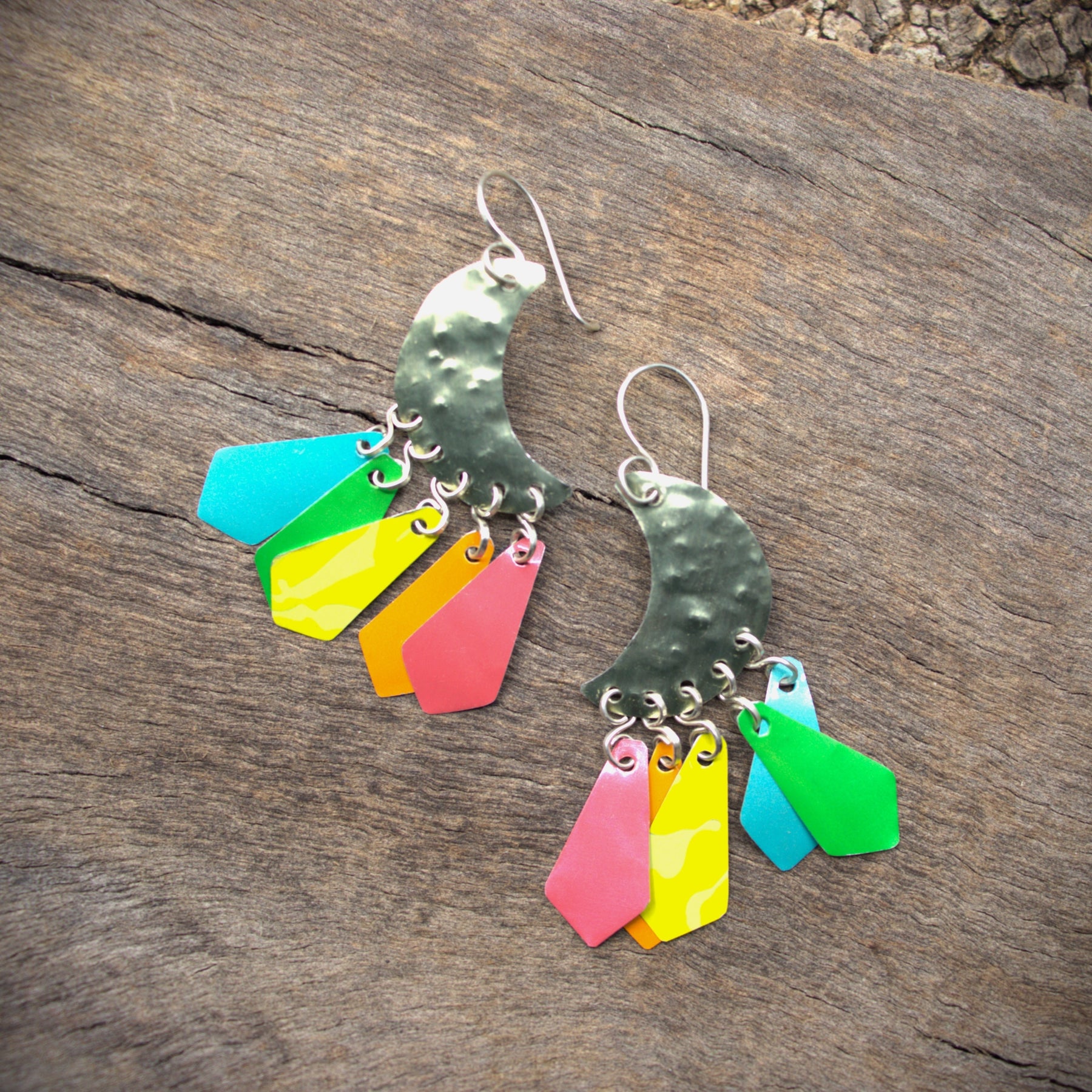 Rainbow Moon Earrings - upcycled materials