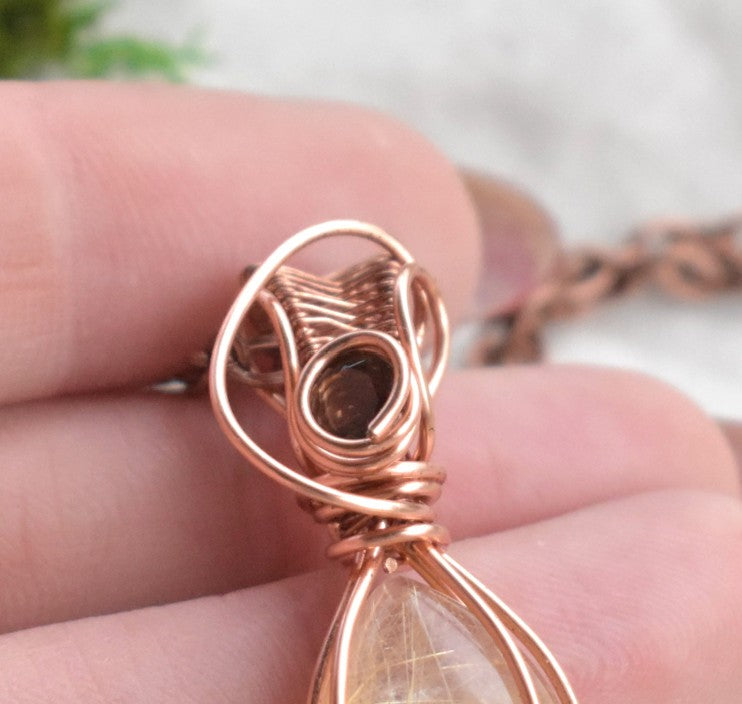 Gilded Threads - Handcrafted Golden Rutile & Smoky Quartz Pendant
