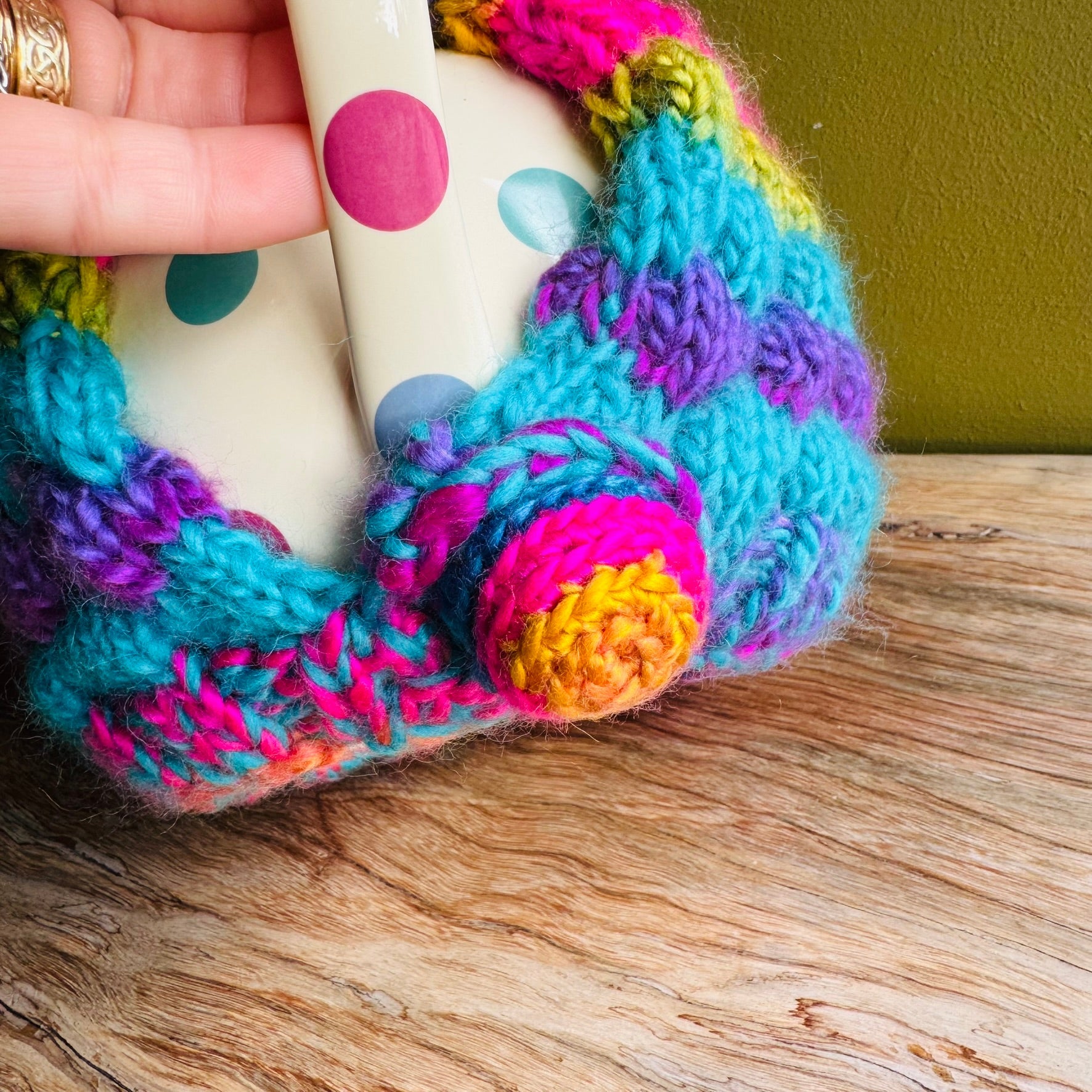 Teapot Cosy - Rainbow coloured - mixed yarn