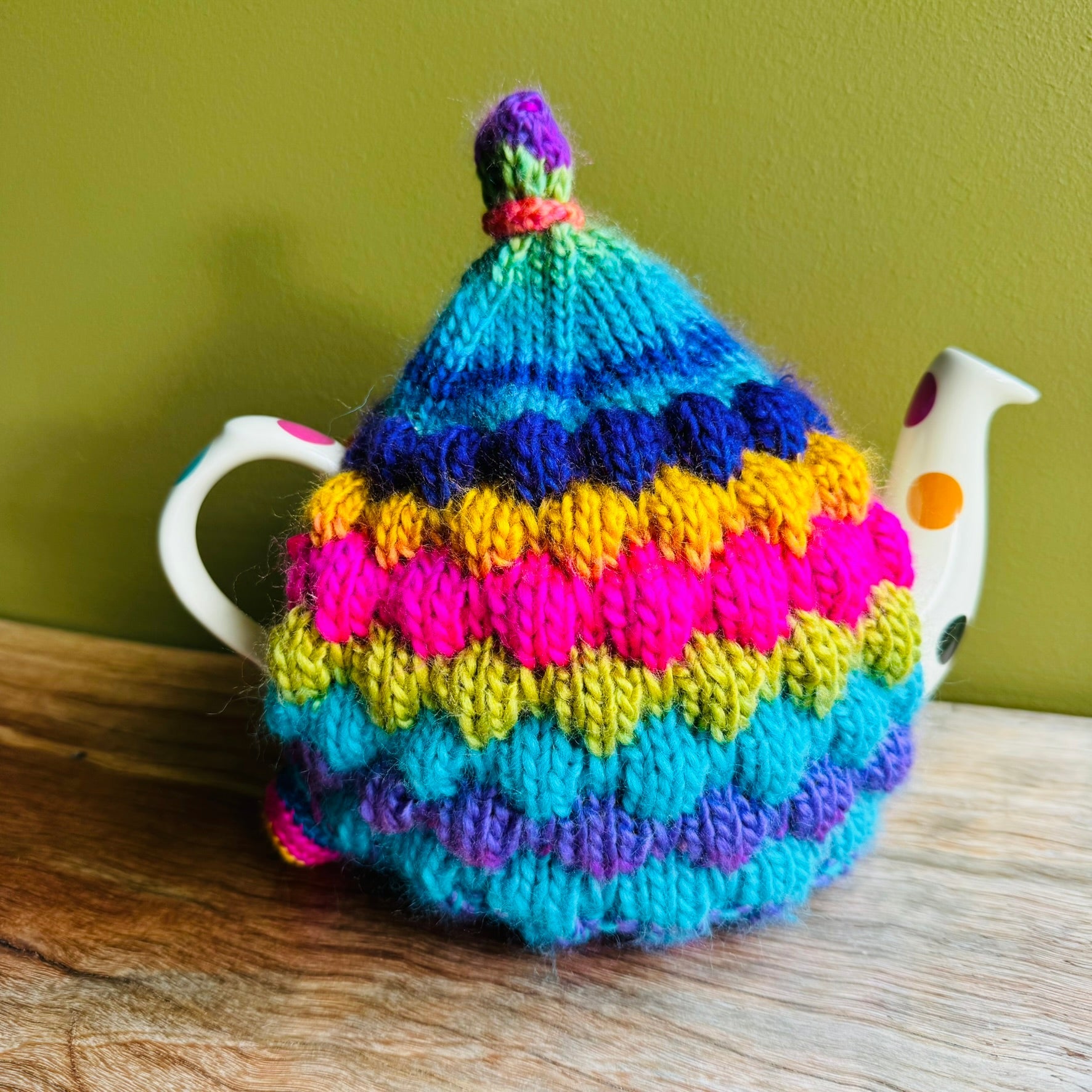 Teapot Cosy - Rainbow coloured - mixed yarn