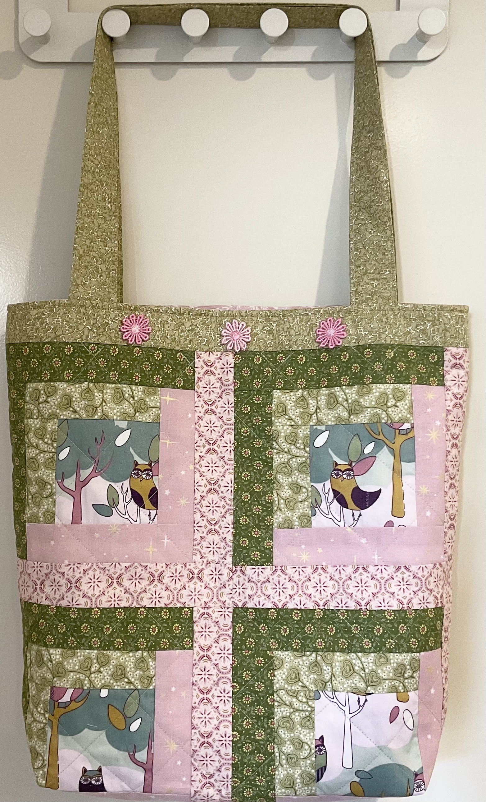 Large patchwork shopping tote, cute owl bag