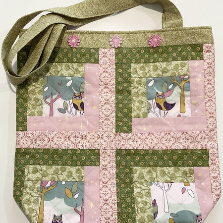 Large patchwork shopping tote, cute owl bag