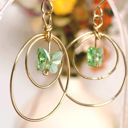 Butterfly crystal looping dangle earrings | Green | Sterling silver or 14k gold-filled