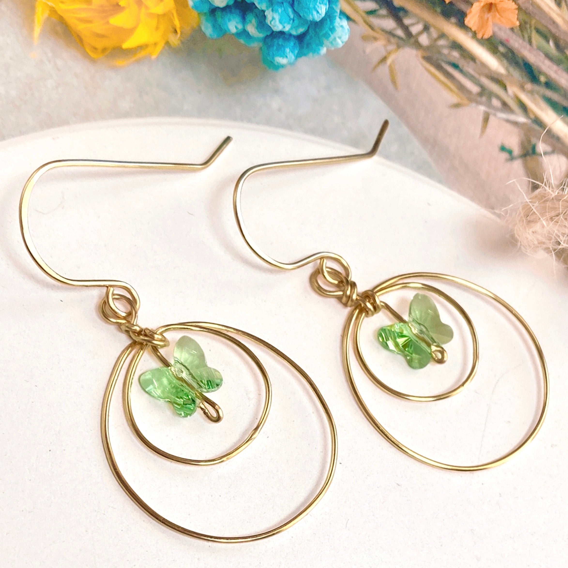 Butterfly crystal looping dangle earrings | Green | Sterling silver or 14k gold-filled