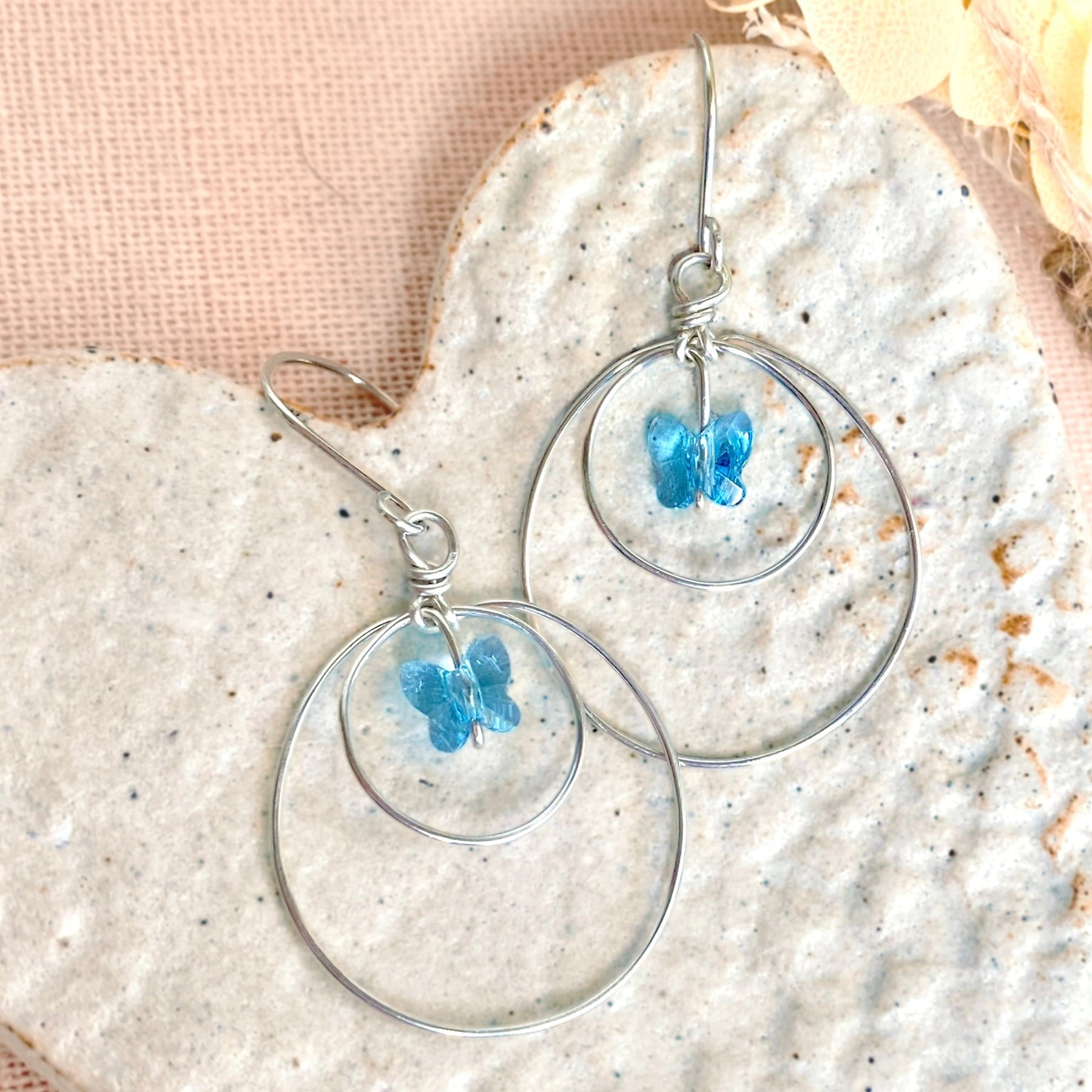 Butterfly crystal looping dangle earrings | Blue | Sterling silver or 14k gold-filled