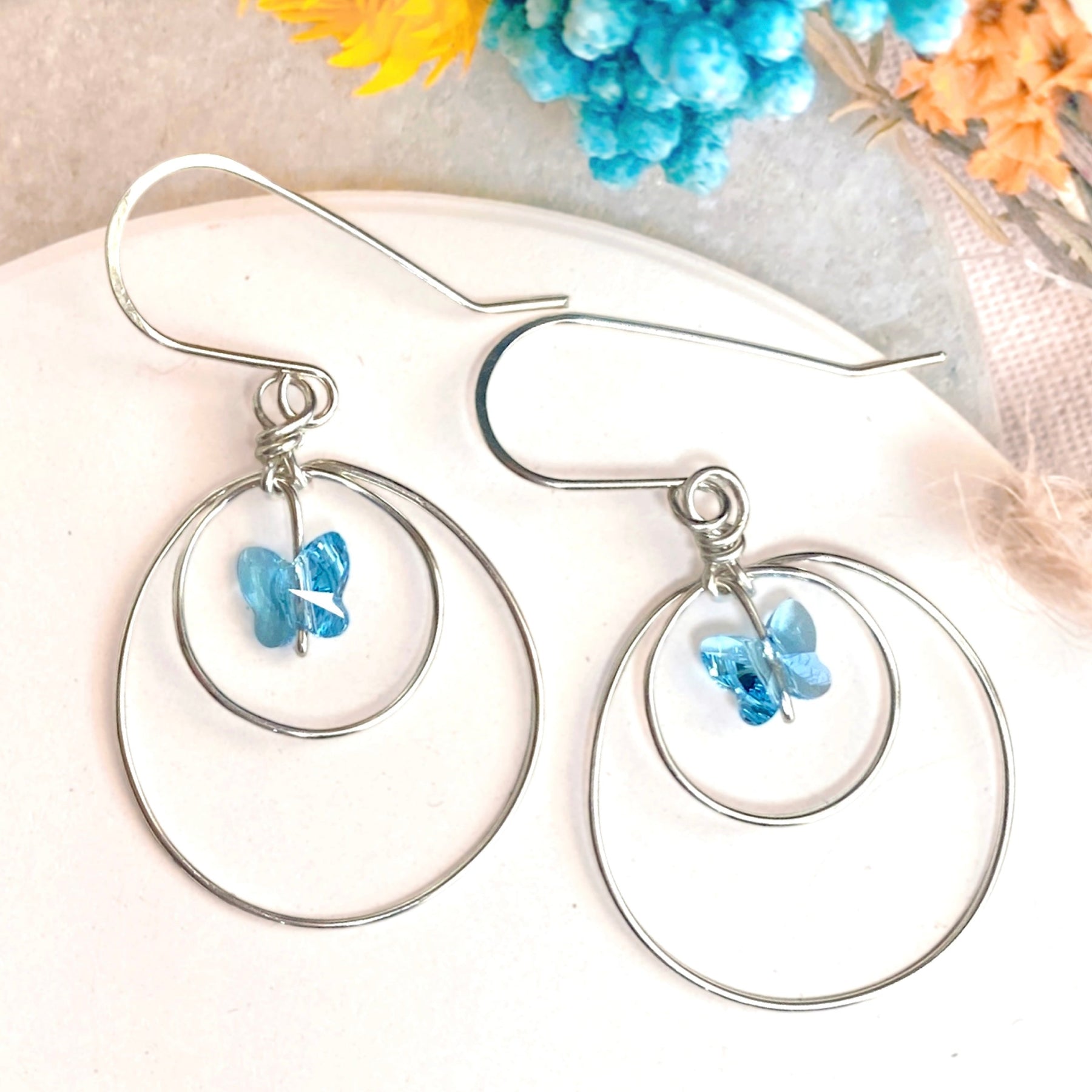 Butterfly crystal looping dangle earrings | Blue | Sterling silver or 14k gold-filled