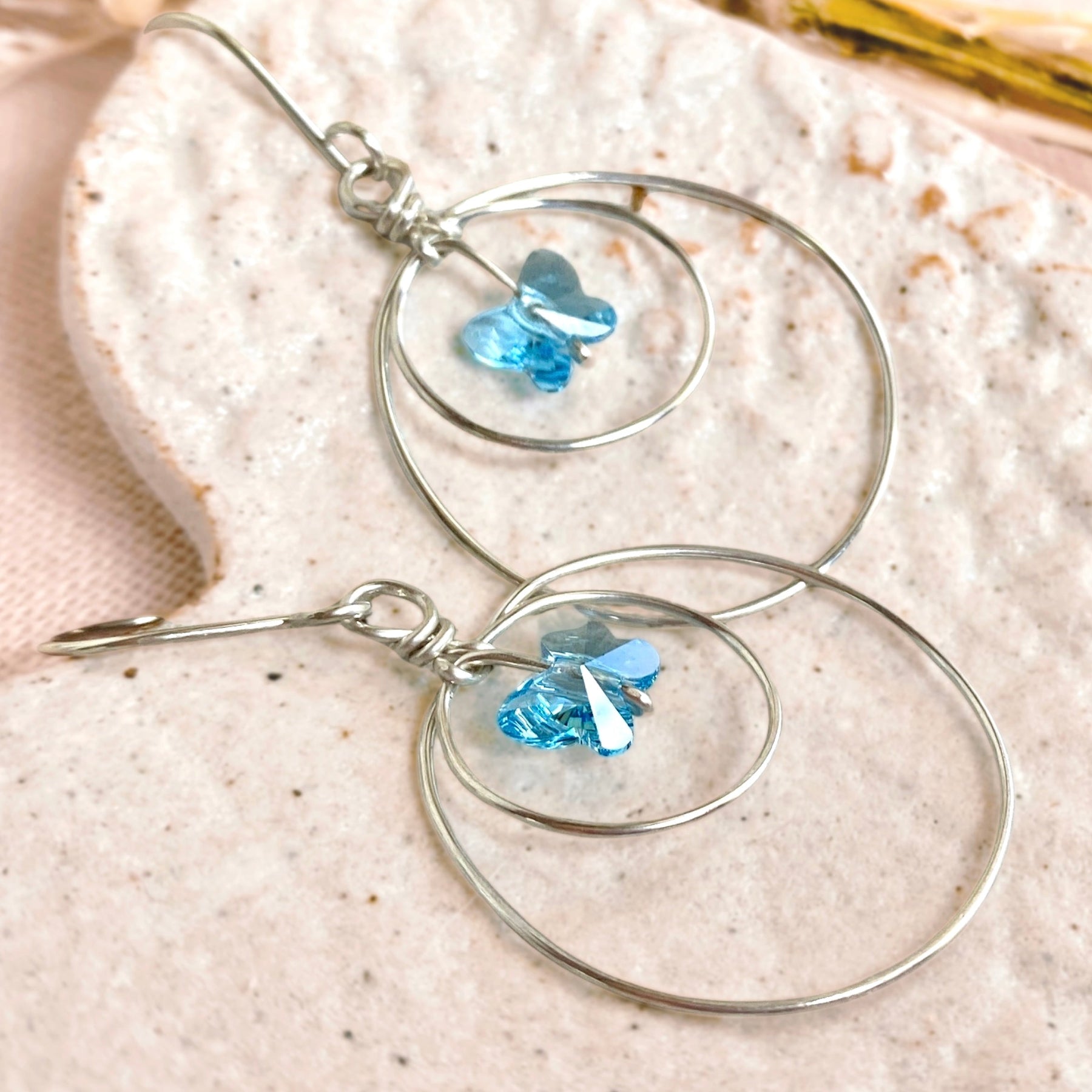 Butterfly crystal looping dangle earrings | Blue | Sterling silver or 14k gold-filled