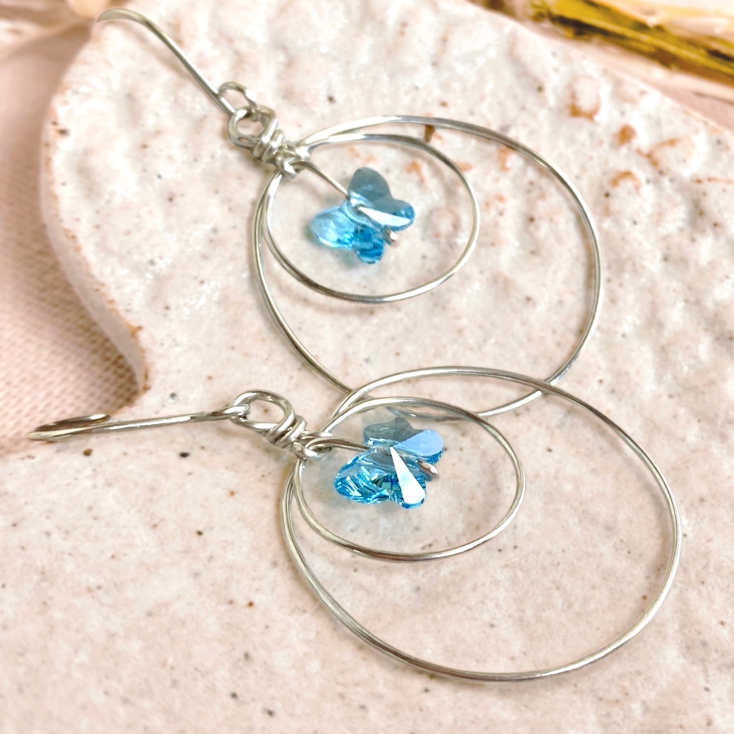 Butterfly crystal looping dangle earrings | Blue | Sterling silver or 14k gold-filled