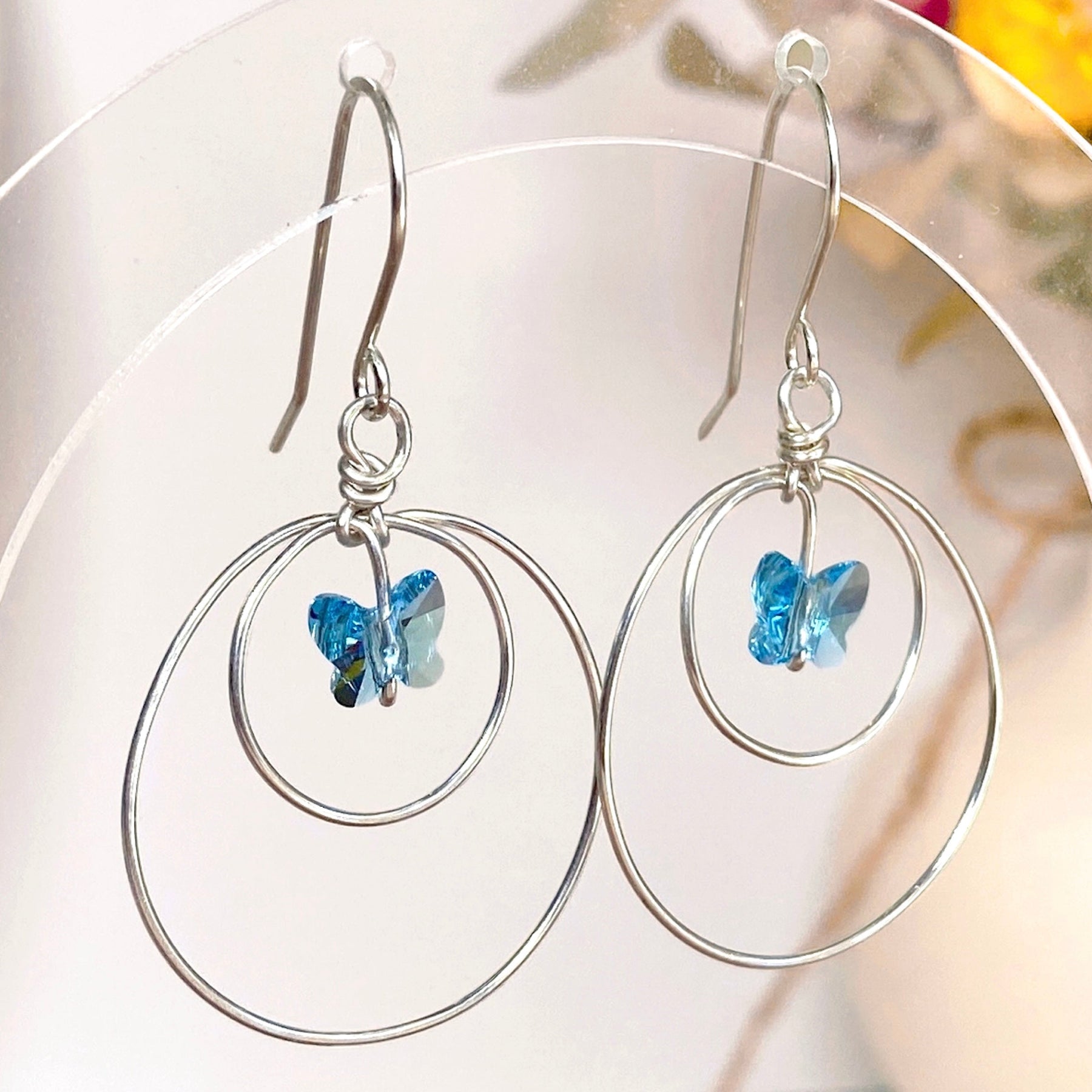 Butterfly crystal looping dangle earrings | Blue | Sterling silver or 14k gold-filled