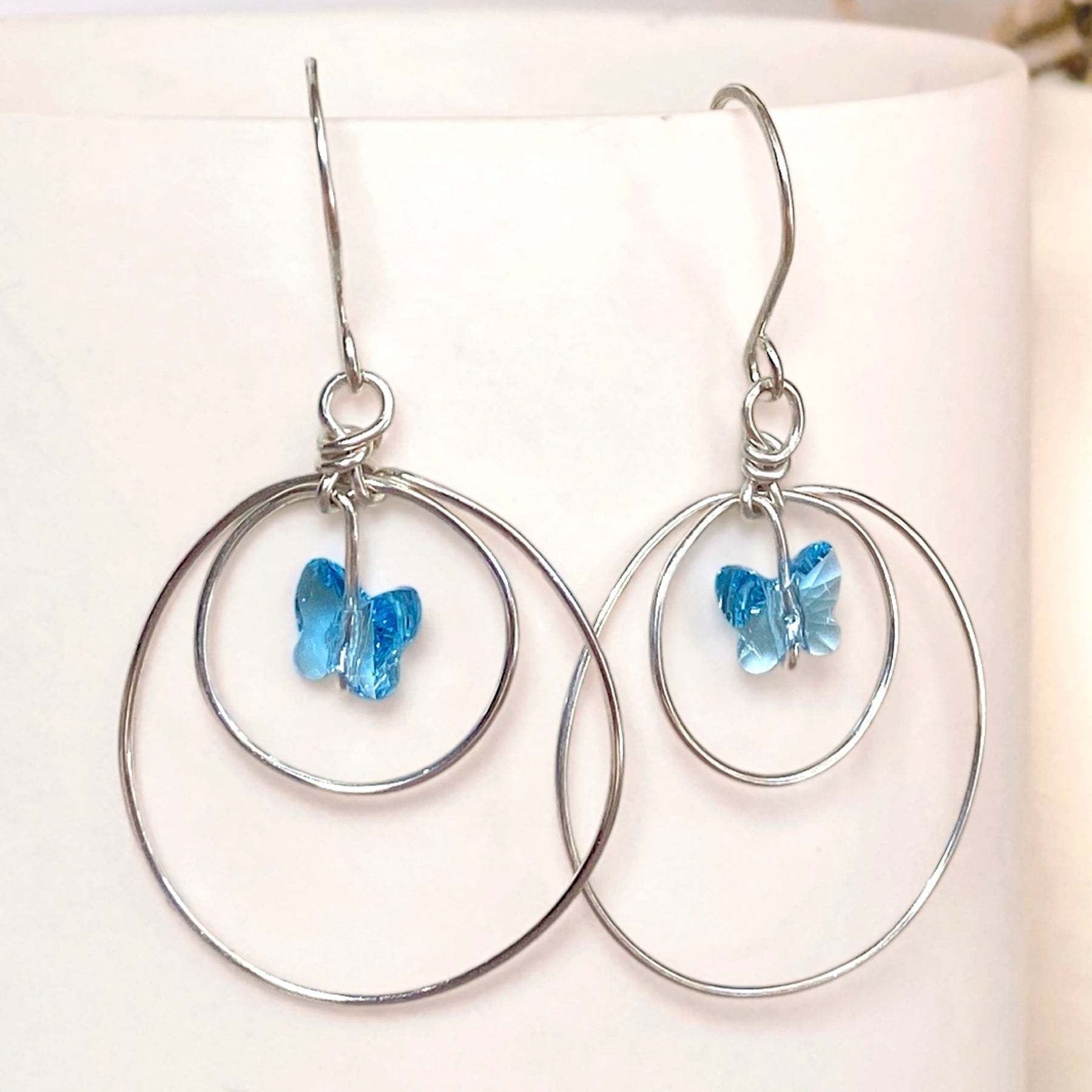 Butterfly crystal looping dangle earrings | Blue | Sterling silver or 14k gold-filled