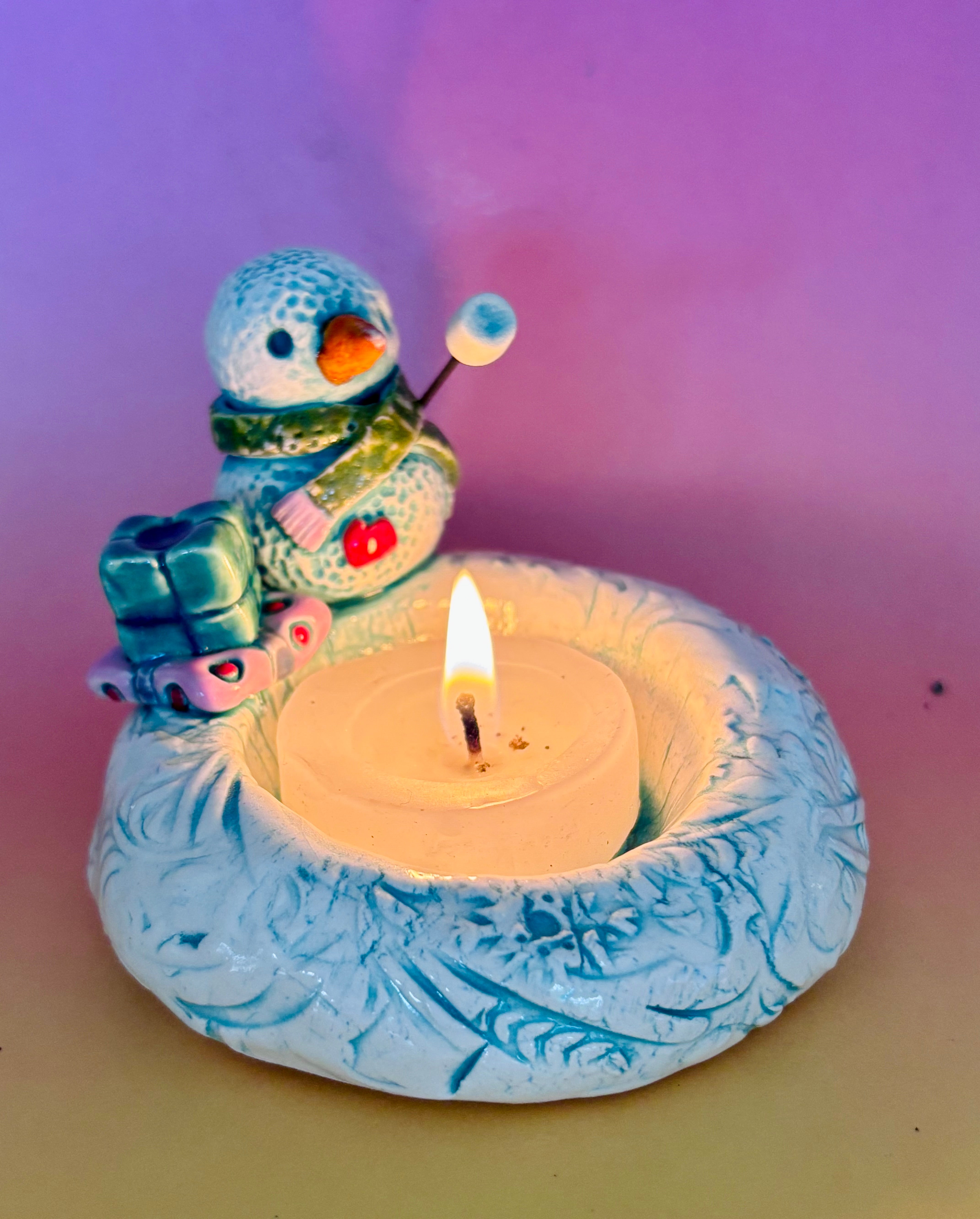 Handmade Earthenware Ceramic Christmas Tealight Holder with a Snowman