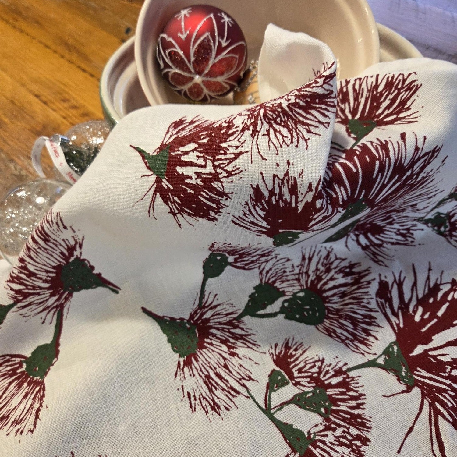 Hand Screen Printed Linen Tea Towels-Eucalypt Blossoms