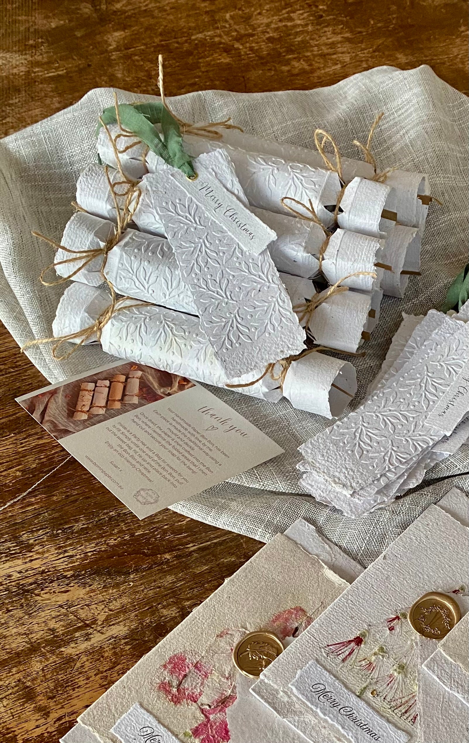 Bon Bons of Handmade Paper Mistletoe Embossed or Floral - Set of 4