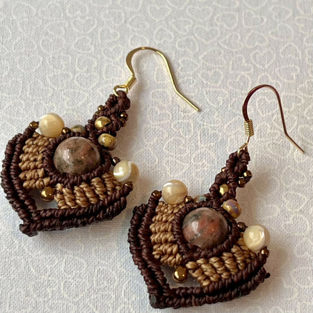 SOLD OUT- Jasper & Shell beads - Micro Macrame Earrings +Free Microfiber Pouch