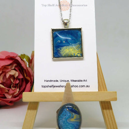 Blue Gold Acrylic Art Hand Painted Pendant and Adjustable Ring Set