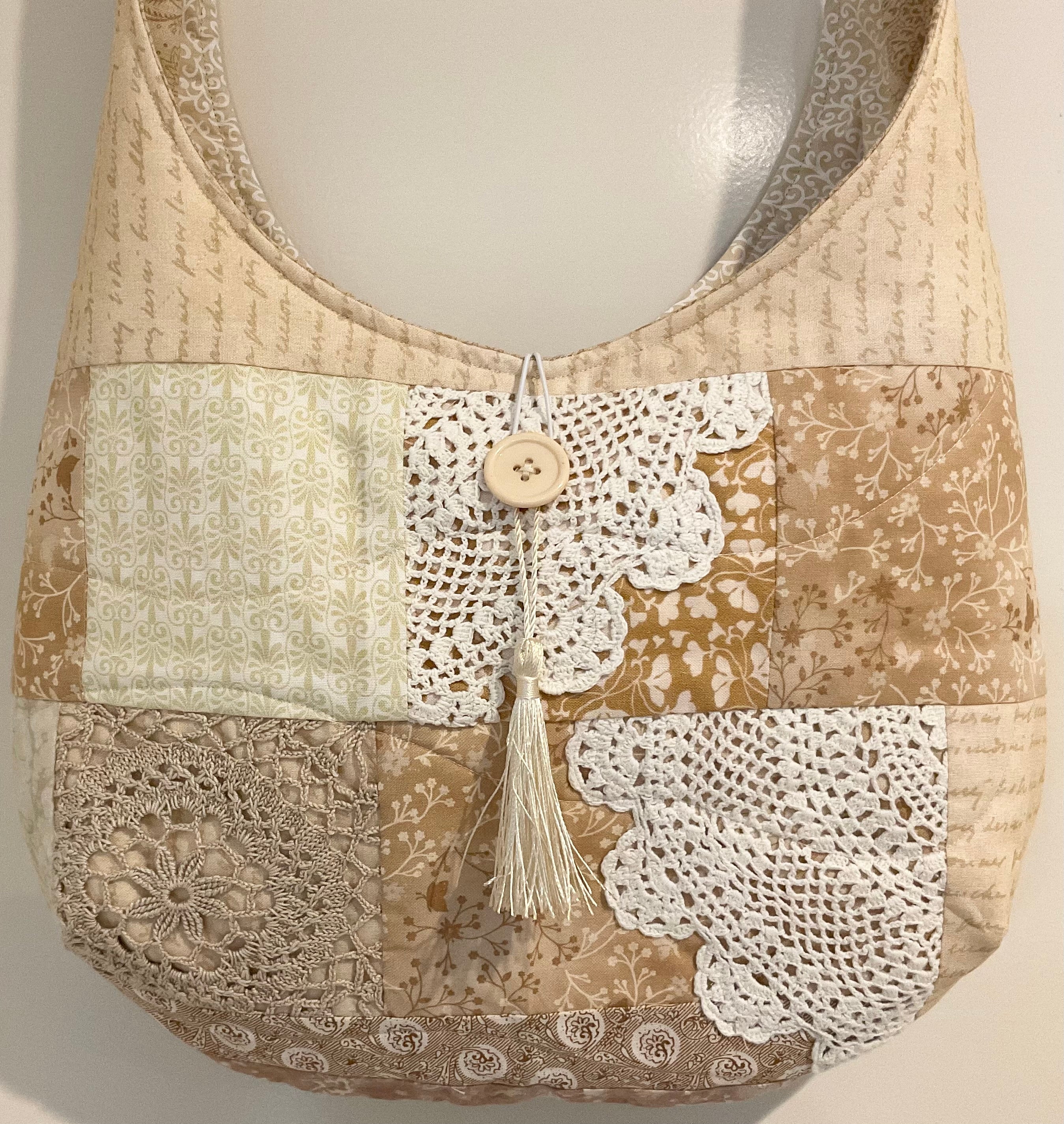 Patchwork and Crochet Slouch Shoulder Bag Cream