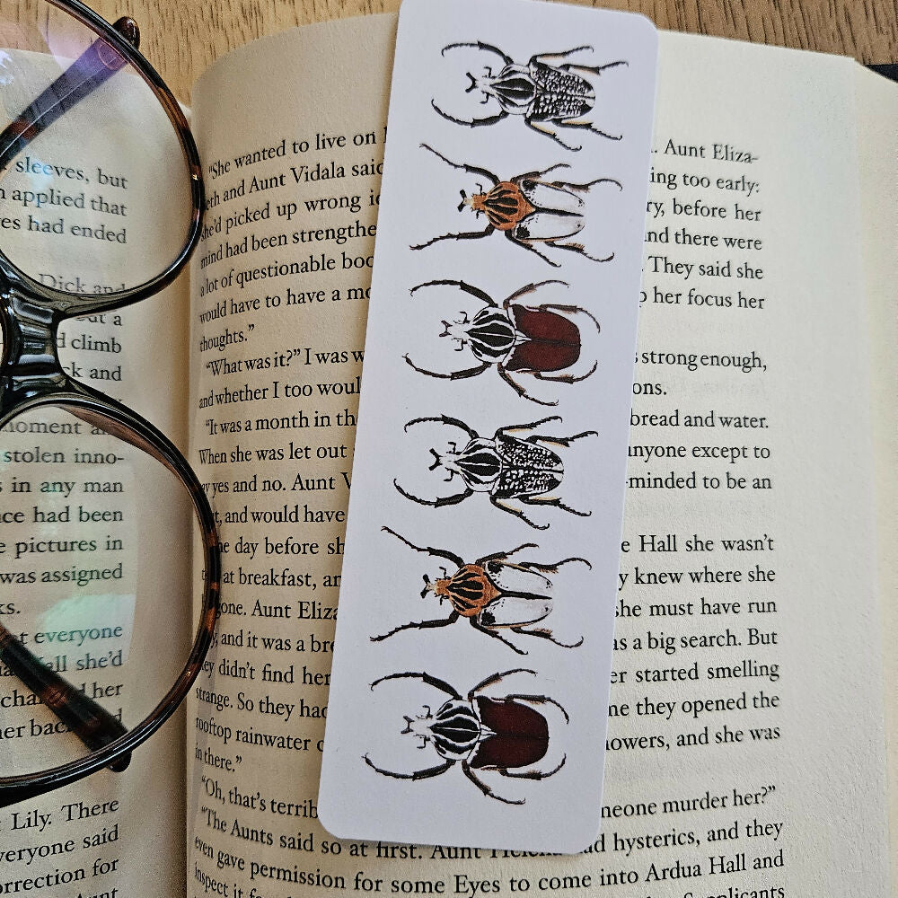 watercolour bookmarks - goliath beetle trio