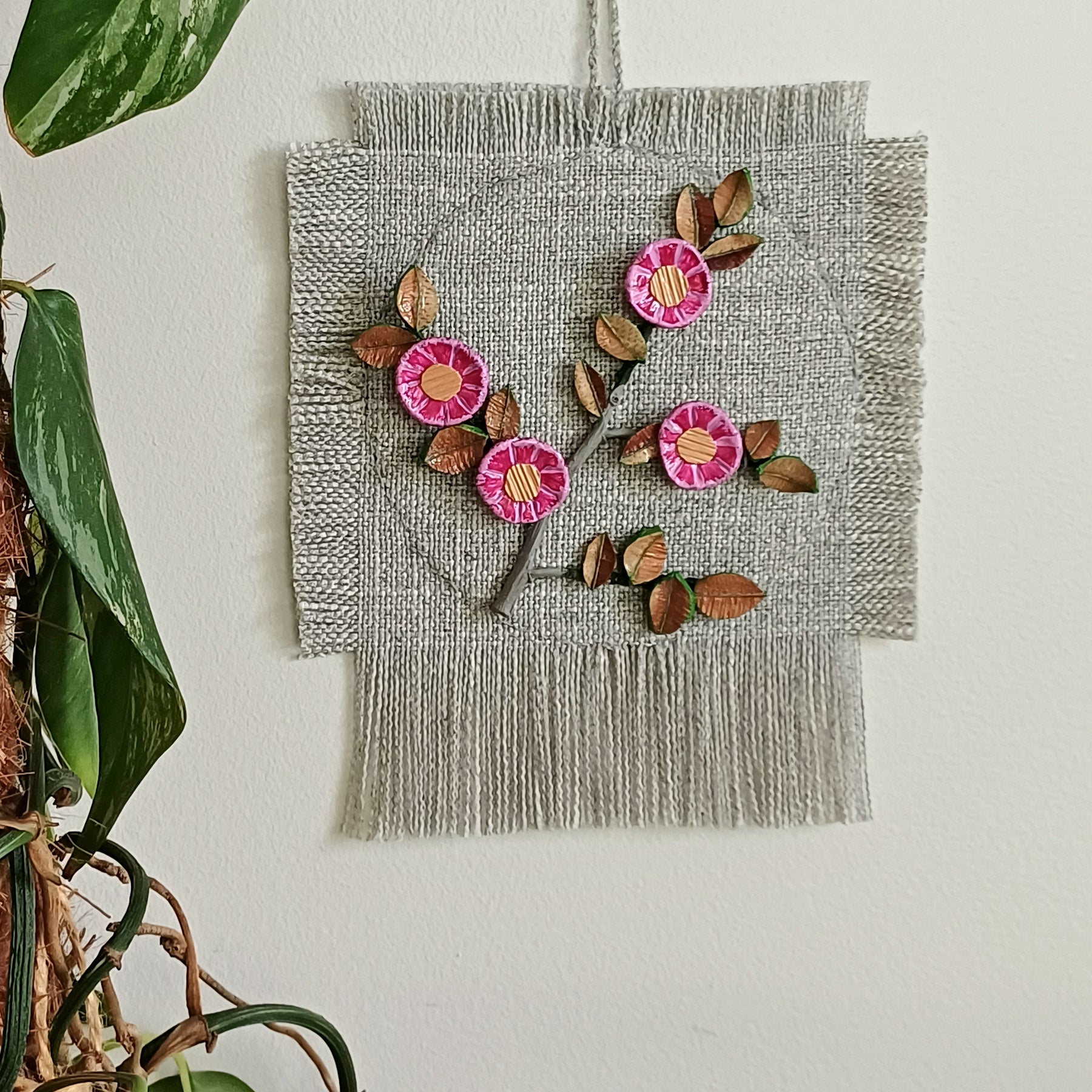 Handmade Flower Branch Wall art natural clay palm leaf pink sustainable