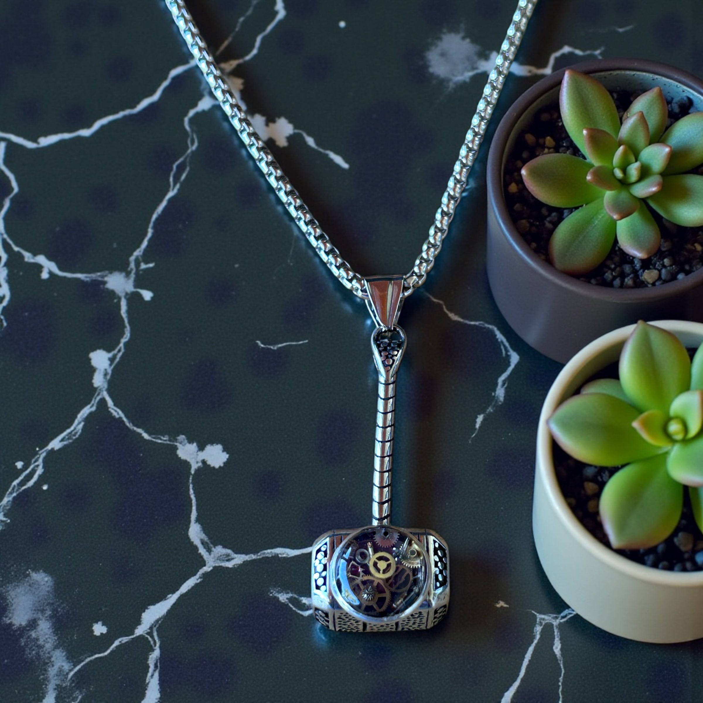 Steampunk watch parts hammer mens necklace