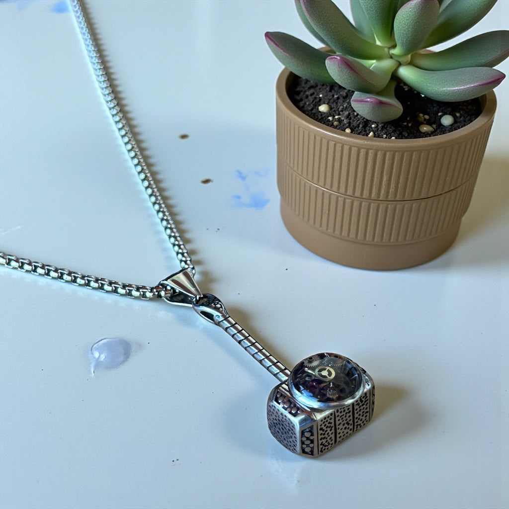 Steampunk watch parts hammer mens necklace