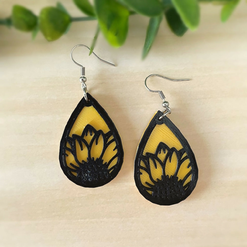 Australian-artist-handmade-jewellery-earrings-black-yellow-sunflower-earrings-drop-c