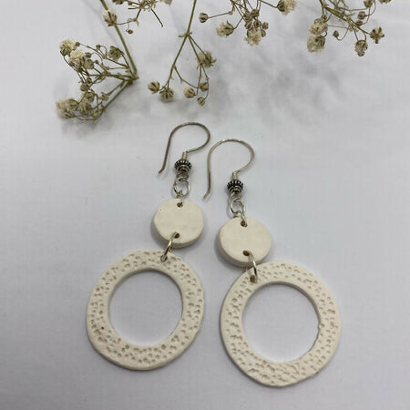 white polymer clay earrings, circle design, sterling silver hooks