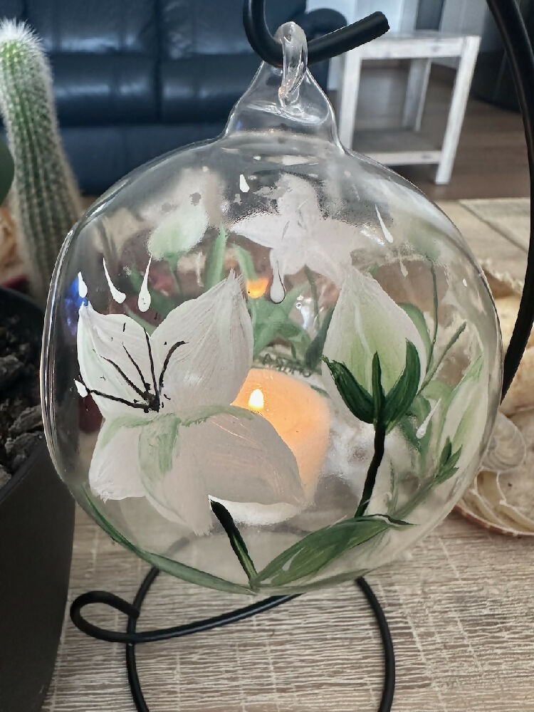 Glass Hanging Candle Holder Painted With Lilies